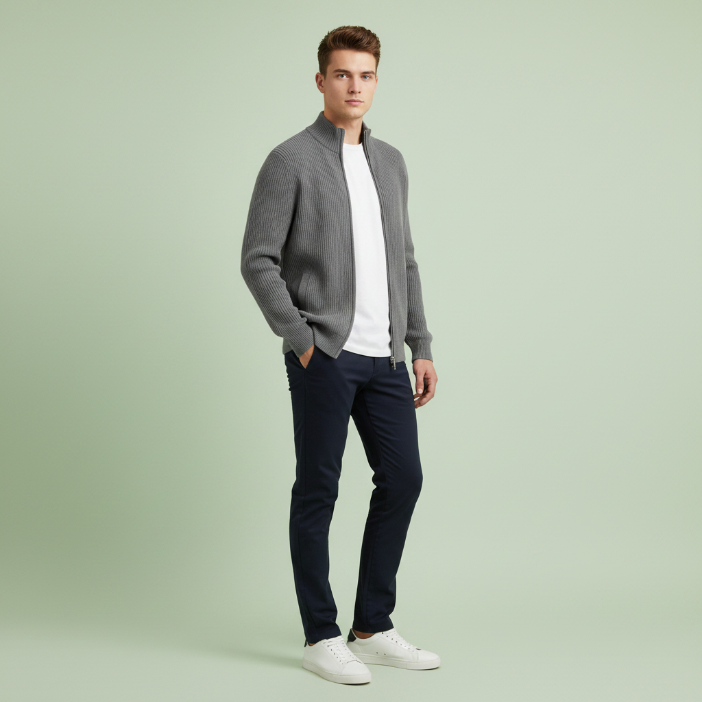 Men's Slim Fit Zip Up Cardigan | Ribbed Knit Design