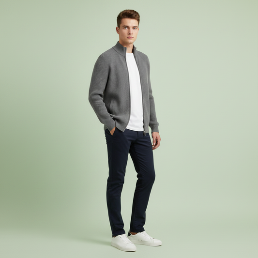 Men's Slim Fit Zip Up Cardigan | Ribbed Knit Design