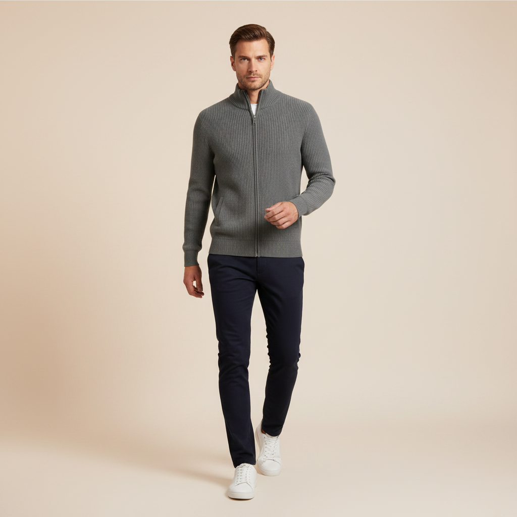 Men's Slim Fit Zip Up Cardigan | Ribbed Knit Design