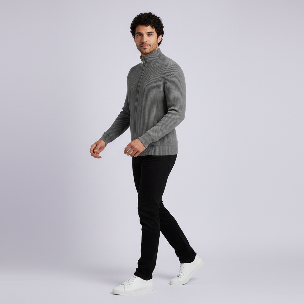 Men's Slim Fit Zip Up Cardigan | Ribbed Knit Design