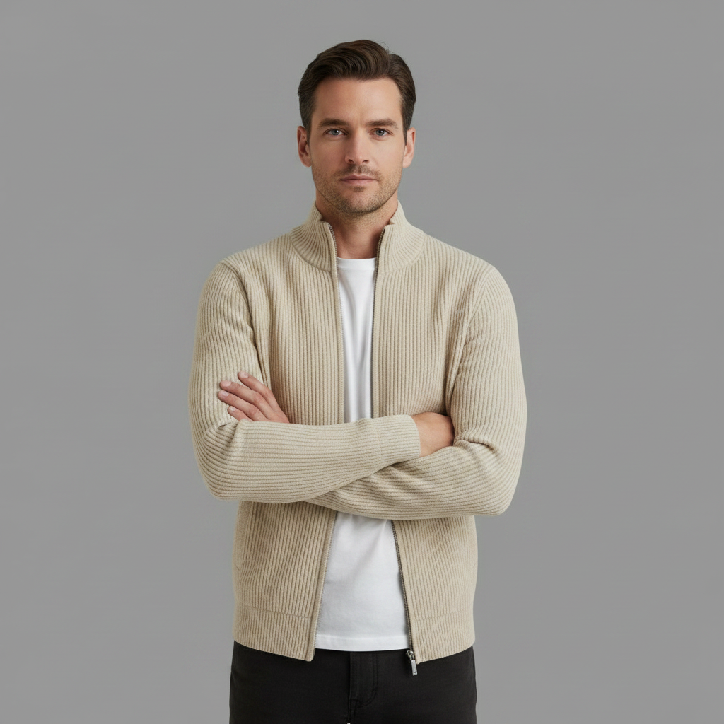 Men's Slim Fit Zip Up Cardigan | Ribbed Knit Design