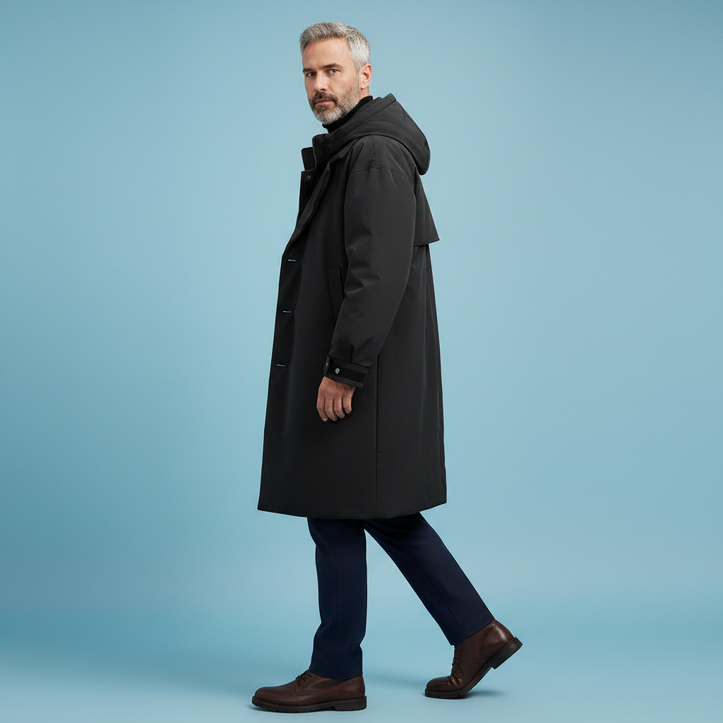 Men's Waterproof Puffer Trench Coat | Long Hooded Jacket
