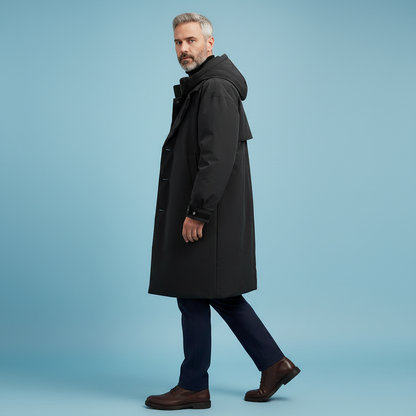 Men's Waterproof Puffer Trench Coat | Long Hooded Jacket