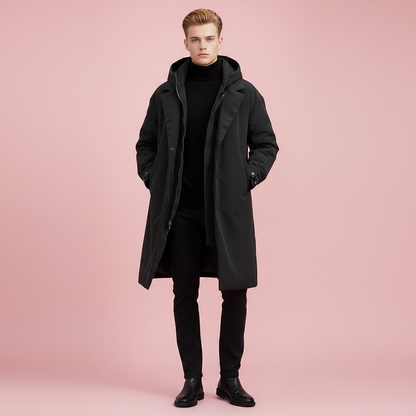 Men's Waterproof Puffer Trench Coat | Long Hooded Jacket